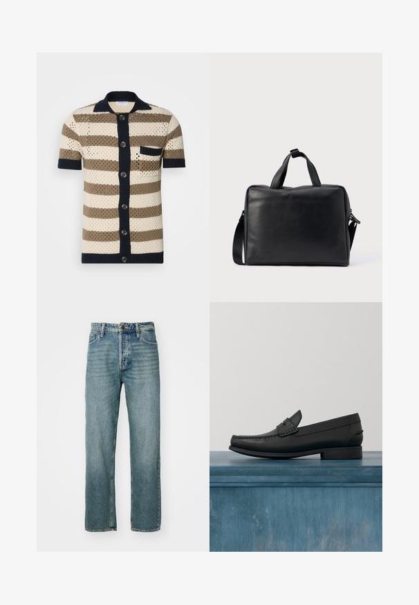 Kortærmet, knap-op strik cardigan i creme, brun og marineblå striber. Har et struktureret væv og en enkelt brystlomme.; Lysblå denimjeans med lige pasform, fem-lomme design og synlig syning. Har en metalknap og lynlåslukning.; Sorte læderloafers med rund tå, detaljeret syning og en lav, firkantet hæl. Glat tekstur og minimalistisk design.; Sort lædertaske med rektangulært design, to håndtag, aftagelig skulderrem og få dekorationer.