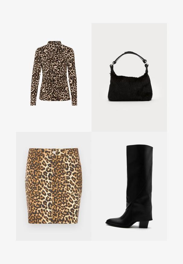 Top de manga larga con cuello alto, estampado de leopardo en tonos marrón y beige, con detalles de fruncido en la parte frontal para dar forma.; Minifalda de mezclilla con estampado de leopardo en tonos marrones y beige, que presenta un cierre con botones en la parte delantera y dos bolsillos laterales.; Bota alta de cuero negro con costuras anguladas, puntera puntiaguda y tacón grueso de altura media sobre fondo blanco.; Bolso de mano de piel sintética negra con una textura suave, forma redondeada y una resistente correa de cuero negro para el hombro. Acentos de herrajes plateados visibles.