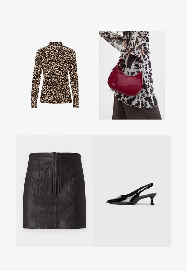 Langærmet top med høj krave, leopardprint i brune og beige nuancer, og med rynkedetaljer foran for formgivning.; Sort læder mini-skirt med lynlås foran og subtile lodrette sømdetaljer på en ensfarvet baggrund.; Sorte patenterede slingback-sko med spidse tæer og lav blokhæl. Justerbar spænde-rem ved anklen.; Kvinde iført en sort- og hvidmønstret bluse, der holder en blank rød skuldertaske mod en ensfarvet baggrund.
