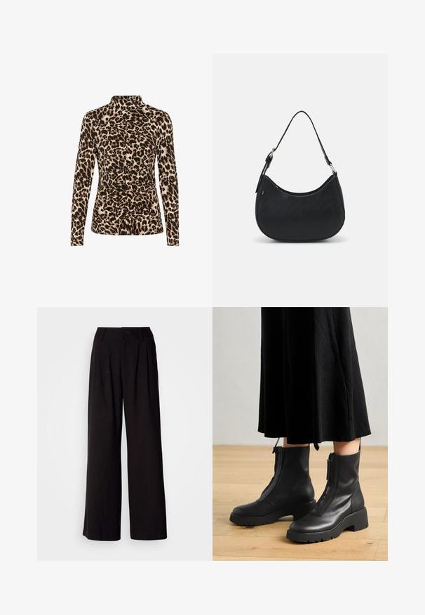 Haut à manches longues avec un col montant, imprimé léopard dans des tons bruns et beiges, avec des détails froncés à l'avant pour une mise en forme.; Pantalon large noir en tissu lisse, avec des plis à l'avant, une taille ajustée, et sans motifs ni accents visibles.; Bottines en cuir noir avec une semelle plateforme épaisse et une fermeture éclair à l'avant. Texture lisse avec un design minimaliste.; Sac hobo noir en cuir lisse avec une silhouette arrondie, doté d'une seule sangle ajustable et de détails de design minimalistes.