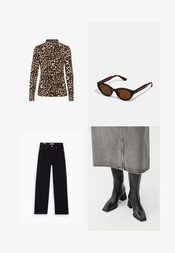 Top de manga larga con cuello alto, estampado de leopardo en tonos marrón y beige, con detalles de fruncido en la parte frontal para dar forma.; Jeans de mezclilla negros con corte recto, cinco bolsillos, herrajes de cobre y una textura suave. Dos etiquetas visibles en la cinturilla.; Botas negras hasta la rodilla de cuero liso con punta cuadrada y tacón cuadrado. Llevadas con una falda de mezclilla gris con dobladillo desflecado.; Gafas de sol de carey marrón con una forma vintage de ojo de gato y lentes marrones. Presentan brazos curvados con acentos rojos.