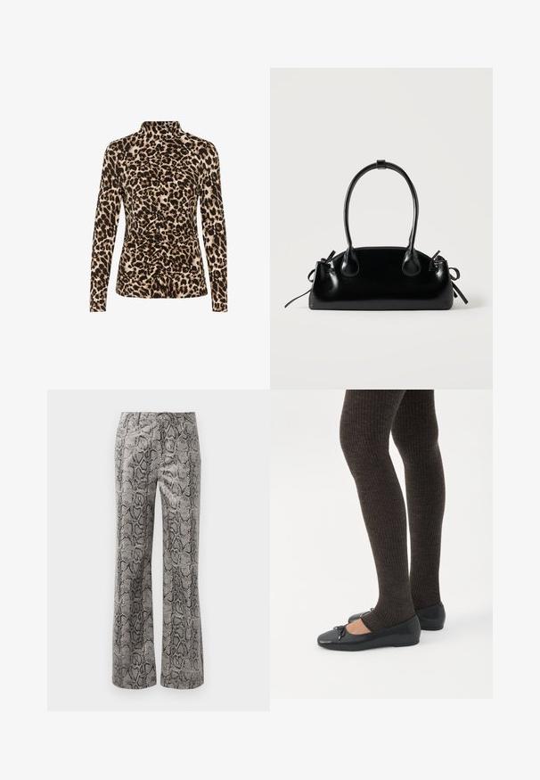 Langærmet top med høj krave, leopardprint i brune og beige nuancer, og med rynkedetaljer foran for formgivning.; Lige bukser med sort og grå slangeskinds mønster og frontknaplukning på en hvid baggrund.; Ben iført mørke ribbede leggings kombineret med sorte balletsko med små sløjfedetaljer på hvid baggrund.; Lille sort blank håndtaske med to lange håndtag og snøre-detaljer i siden på en ensfarvet lys baggrund.