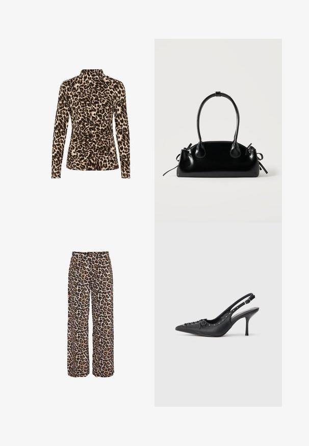 Langærmet top med høj krave, leopardprint i brune og beige nuancer, og med rynkedetaljer foran for formgivning.; Bukser med vide ben i brun, sort og beige leopardmønster, med høj talje og løs pasform.; Sorte læder slingback stiletto med spids tå, side spændebånd, nitter langs kanten og dekorativ snøring foran.; Lille sort blank håndtaske med to lange håndtag og snøre-detaljer i siden på en ensfarvet lys baggrund.
