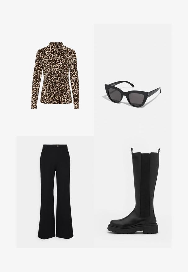 Top de manga larga con cuello alto, estampado de leopardo en tonos marrón y beige, con detalles de fruncido en la parte frontal para dar forma.; Pantalones acampanados negros hechos de tejido elástico, con cierre de botón en la parte delantera y trabillas para cinturón. Textura suave con color uniforme en todo el tejido.; Bota negra hasta la rodilla con un exterior de cuero suave, paneles laterales elásticos, punta redondeada y una gruesa suela de goma negra.; Gafas de sol negras en forma de ojo de gato con un acabado mate, que presentan lentes ahumados grises, ángulos pronunciados y brazos laterales elegantes. Nombre de la marca visible en el interior del brazo.