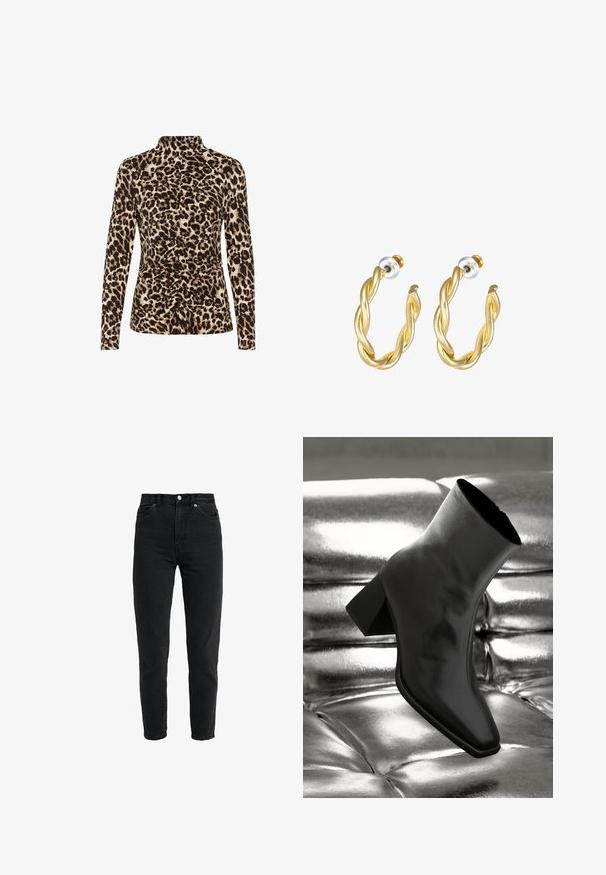 Top de manga larga con cuello alto, estampado de leopardo en tonos marrón y beige, con detalles de fruncido en la parte frontal para dar forma.; Vaqueros de mezclilla negra de cintura alta con botón y cremallera delanteros, dos bolsillos delanteros y pierna estrecha sobre fondo blanco.; Botín negro de tobillo hecho de material brillante, con punta cuadrada y tacón cónico, contra un fondo plateado brillante con almohadillado.; Pendientes de aro retorcidos en oro con una superficie lisa, que cuentan con un respaldo transparente y herrajes en tono dorado.