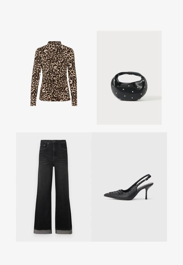 Haut à manches longues avec un col montant, imprimé léopard dans des tons bruns et beiges, avec des détails froncés à l'avant pour une mise en forme.; Jean en denim noir flare à taille haute, avec cinq poches et une couture contrastante. Les ourlets sont repliés avec un détail gris.; Escarpin en cuir noir à talon aiguille avec un bout pointu, une bride latérale à boucle, des clous le long du bord et un laçage décoratif à l'avant.; Sac à main en cuir noir de forme arrondie, décoré de clous argentés et équipé d'une poignée courte. Texture lisse et fermeture éclair.