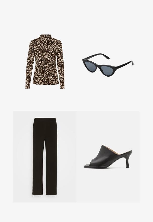 Langærmet top med høj krave, leopardprint i brune og beige nuancer, og med rynkedetaljer foran for formgivning.; Sorte, lige bukser lavet af vævet stof, med flad front, to sidelommer og en glat tekstur. Ingen synlige mønstre eller accenter.; Selected ASHLEY - Mules med hæl - black; Sorte katteøje solbriller med mørkegrå linser, slankt plastisk stel, spidse hjørner og lige stænger. Ingen synlig hardware eller dekorationer.