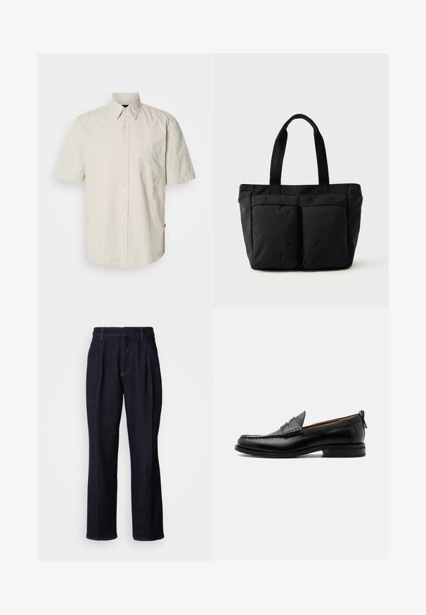 Chemise beige clair à manches courtes avec boutons, une poche poitrine unique et un col pointu classique, présentée sur un fond blanc.; Jean en denim large à jambes bleues foncées avec des plis devant et des coutures orange, présenté sur fond blanc.; Mocassin homme en cuir noir avec couture moc toe, bride penny, col texturé et petit talon empilé sur fond blanc.; Sac fourre-tout noir en tissu doux, avec deux poches avant et des anses robustes. Logo affiché sur le côté. Design simple et fonctionnel.
