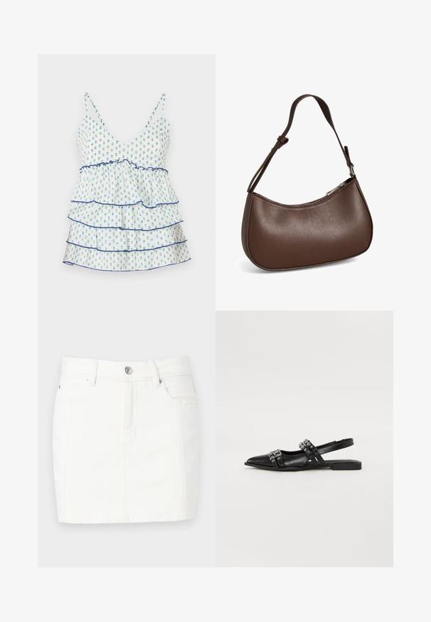 Haut à imprimé floral avec bretelles spaghetti ajustables, décolleté en V, niveaux volantés, principalement blanc avec des fleurs bleues et vertes, bordé de marine.; Jupe en denim blanc au design ajusté, avec une fermeture à boutons sur le devant, deux poches latérales et une longueur mi-cuisse. Texture lisse.; Even&Odd by Zalando Ballerines à brides arrière - black; Petit sac bandoulière en cuir marron avec sangle réglable et fermeture éclair, présenté sur fond blanc. Aucun logo ou décoration visible.