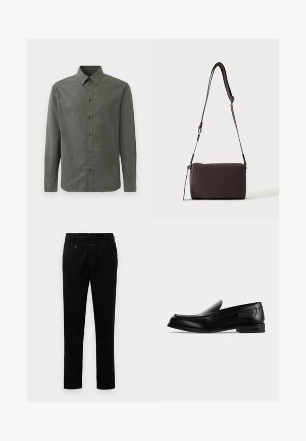 Langærmet skjorte med knapper i mørkegrøn, lavet af struktureret stof. Har en klassisk krave og fem forreste knapper.; Sorte denimbukser med straight-leg design, der har knaplukning, fem lommestyle og en glat tekstur.; Sort læder slip-on loafer med lav hæl, rundet tå og dekorative syninger langs øverste kant.; Mørkebrun textured læder crossbody taske med justerbar rem og lille dekorativ blå accent på siden.