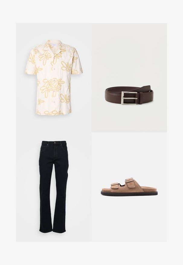 Kortærmet skjorte med et cremet stof og gul blomsterbroderi, knaplukning foran og klassisk kravedesign.; Sorte jeans med lige ben, fem-lomme design, knap- og lynlås lukning samt synlige syninger på hvid baggrund.; Brun ruskinds slidessandal med sort sål, med to justerbare remme med spænder og hvide syninger, set fra siden på hvid baggrund.; Mørkebrun læderbælte med sølvfarvet rektangulær spænde, pænt snoet på en ensfarvet hvid baggrund.