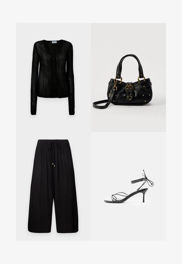 Cardigan noir en maille avec col en V et fermeture par boutons. Manches longues avec un design texturé, léger et un motif en maille ouverte.; Pantalons larges noirs en tissu texturé. Dotés d'une taille élastique avec cordon de serrage et d'accents dorés aux extrémités.; Sandale noire à talons hauts avec lanières fines à la cheville et talon stiletto de hauteur moyenne sur fond blanc.; Sac à main en cuir noir avec boucle dorée et détails à rivets, poignées courtes et bandoulière réglable sur fond blanc uni.