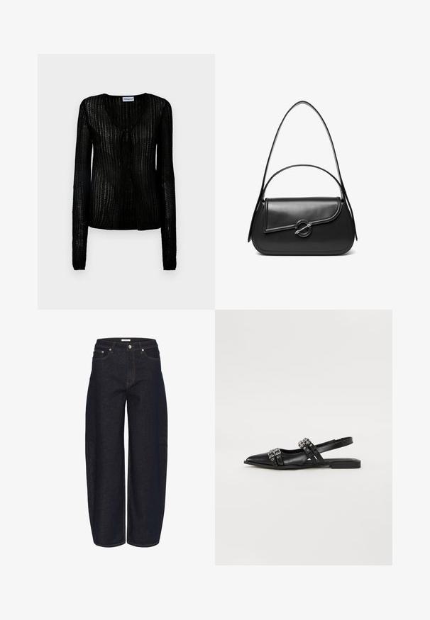 Cardigan noir en maille avec col en V et fermeture par boutons. Manches longues avec un design texturé, léger et un motif en maille ouverte.; Jean en denim bleu foncé à jambes larges avec une taille haute, comprenant cinq poches et une couture contrastante jaune. Fermeture par bouton et fermeture éclair.; Even&Odd by Zalando Ballerines à brides arrière - black; Sac à bandoulière en cuir noir avec un rabat incurvé fermé par un fermoir métallique rond et une sangle fine et ajustable.