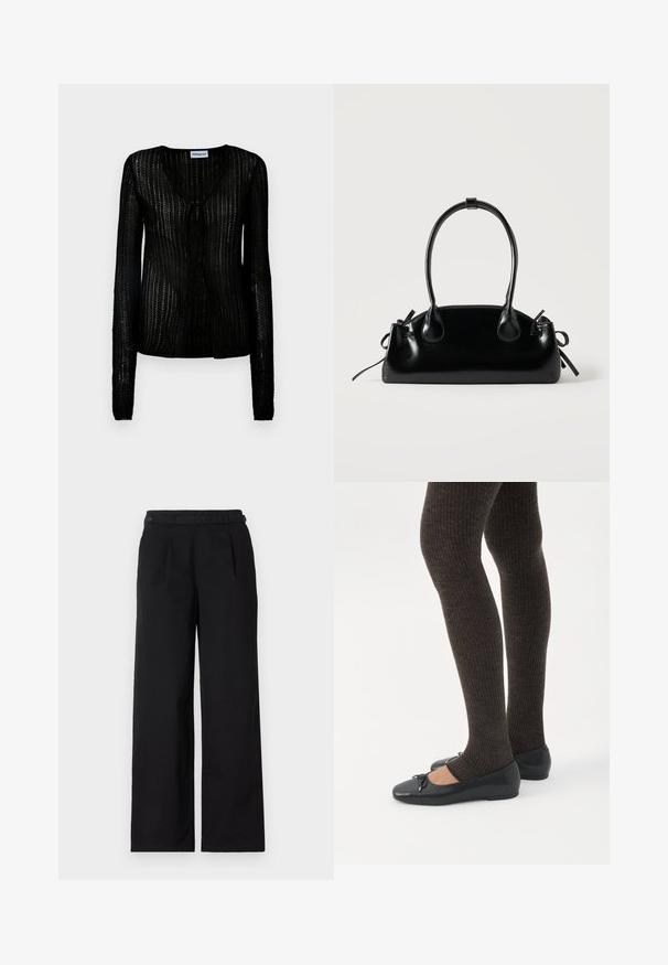 Cardigan noir en maille avec col en V et fermeture par boutons. Manches longues avec un design texturé, léger et un motif en maille ouverte.; Pantalons larges noirs en mélange de coton, avec des plis en façade, deux boutons à la taille et une texture lisse.; Jambes portant des leggings côtelés foncés associés à des ballerines noires avec de petits détails en nœud sur fond blanc.; Petit sac à main noir brillant avec deux longues anses et des détails à cordon sur les côtés sur un fond clair uni.