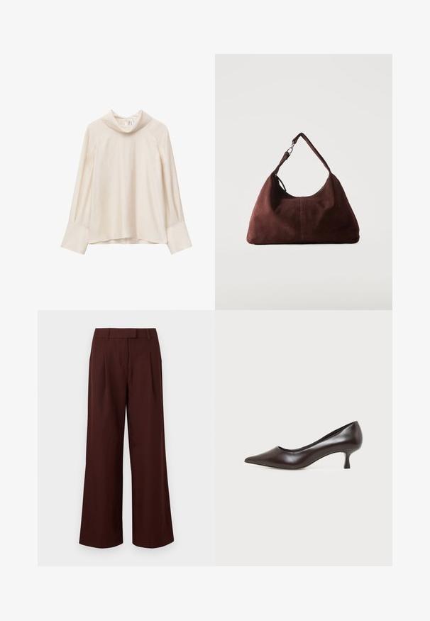 Blouse à manches longues de couleur crème avec une coupe ample, des poignets larges et un col roulé décontracté sur un fond blanc.; Pantalon à jambes larges et taille haute de couleur marron foncé, avec passants de ceinture et plis sur le devant, présenté sur un fond blanc uni.; Escarpin en cuir marron foncé à bout pointu avec petit talon incurvé sur fond blanc.; Sac bandoulière en daim marron doux avec une seule lanière et des accessoires métalliques argentés sur un fond clair uni.