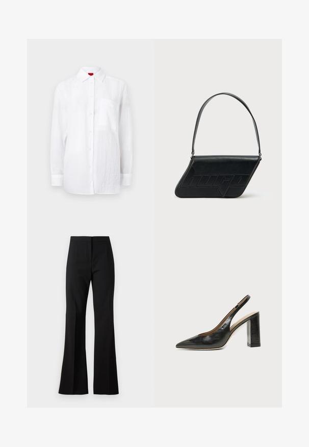Chemise blanche à manches longues en tissu léger, avec un devant à boutons, un col et une poche poitrine sur le côté gauche. Fini texturé subtil.; Pantalon noir évasé en tissu lisse, avec une taille haute, des plis sur le devant et une finition nette aux ourlets.; Chaussure slingback en cuir noir à bout pointu avec un talon bloc haut et une doublure intérieure beige sur un fond clair uni.; Sac d'épaule en cuir noir de forme triangulaire, avec un logo embossé et une seule bandoulière réglable. Design minimaliste avec une texture lisse.