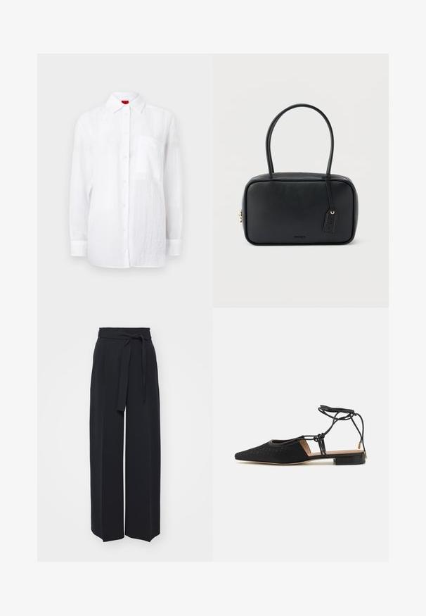 Chemise blanche à manches longues en tissu léger, avec un devant à boutons, un col et une poche poitrine sur le côté gauche. Fini texturé subtil.; Pantalons noirs à jambes larges en tissu doux. Dotés d'une taille ceinturée et de plis avant. Texture lisse avec un design épuré et contemporain.; Chaussure plate noire avec un bout pointu, dessus texturé, liens autour de la cheville et un petit talon carré. Présente un motif subtil sur le matériau.; Sac à main rectangulaire noir avec doubles poignées arrondies, fermeture éclair dorée et logo "HUGO" embossé sur le devant avec une étiquette en cuir attachée.