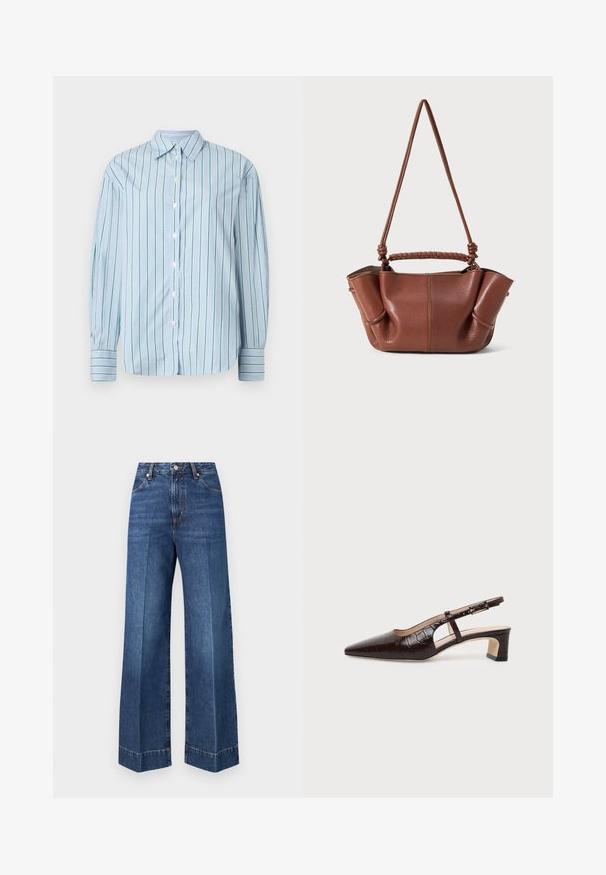 Chemise à manches longues bleu clair avec des rayures verticales vertes, boutonnière à l'avant et poignets rayés contrastants. Tissu lisse, design de col classique.; Jean en denim bleu à taille haute, jambes larges, poches avant, fermeture par boutons, avec des détails de couture visibles sur un fond blanc uni.; Chaussure slingback en cuir marron foncé à texture crocodile, bout pointu, talon bas bloc et bride ajustable avec boucle dorée.; Sac à main en cuir marron avec une poignée tressée et une bandoulière réglable. Présente des côtés doucement pliés et des accents de couture visibles.