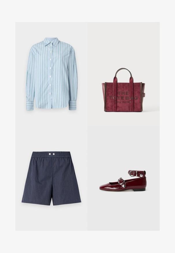 Lichtblauw overhemd met lange mouwen, verticale groene strepen, knoopsluiting aan de voorkant en contrasterende gestreepte manchetten. Glad materiaal, klassiek kraagontwerp.; Marineblauwe gestreepte short met een elastische tailleband, voorzien van twee witte knopen aan de voorkant, gemaakt van lichtgewicht stof.; Bordeaux gepatineerde leren ballerina's met een spitze neus, een enkelbandje met een zilveren gesp en een lage hak. Gladde textuur over de gehele schoen.; Diep bordeaux suède schoudertas met bruine leren afwerking, dubbele bovenhandvaten en de tekst "THE TOTE BAG MARC JACOBS" aan de voorkant.