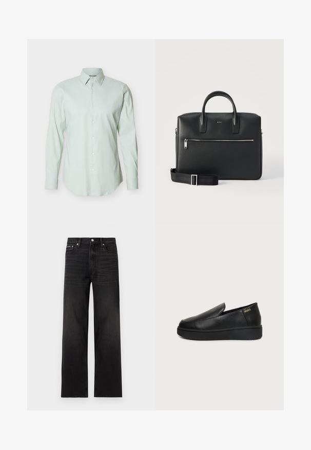 Chemise habillée pour homme à manches longues de couleur vert clair, avec une patte de boutonnage à l'avant et un col pointu, sur un fond blanc uni.; Jean noir droit avec cinq poches, passants pour ceinture et fermeture par bouton, présenté sur un fond blanc.; Chaussure noire en cuir à enfiler avec semelle épaisse et petits trous de ventilation latéraux, avec un logo doré "HUGO" près du talon.; Porte-documents en cuir noir avec deux poignées, poche zippée à l'avant, bandoulière amovible et petit logo BOSS sur une surface à texture lisse.