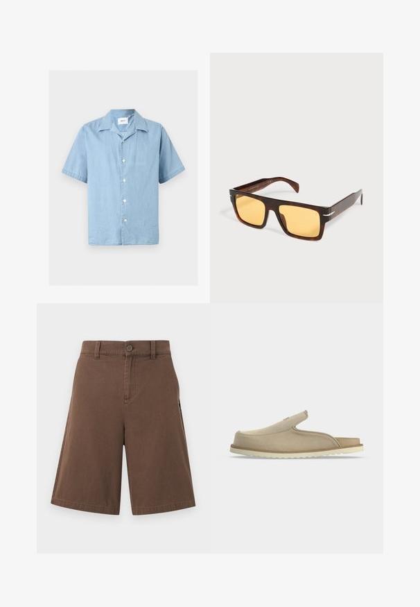 Chemise bleu clair à manches courtes, boutonnée, avec un col classique et des boutons blancs, étalée à plat sur un fond neutre.; Shorts marron longueur genou avec fermeture à bouton et fermeture éclair, passants de ceinture, et ourlet droit, présentés sur un fond uni.; Sandale beige à enfiler avec bout fermé, talon ouvert, dessus en suédine souple et semelle en caoutchouc blanche texturée, montrée de profil sur fond blanc.; Lunettes de soleil rectangulaires en écaille avec de larges montures et des verres teintés jaunes sur fond blanc.