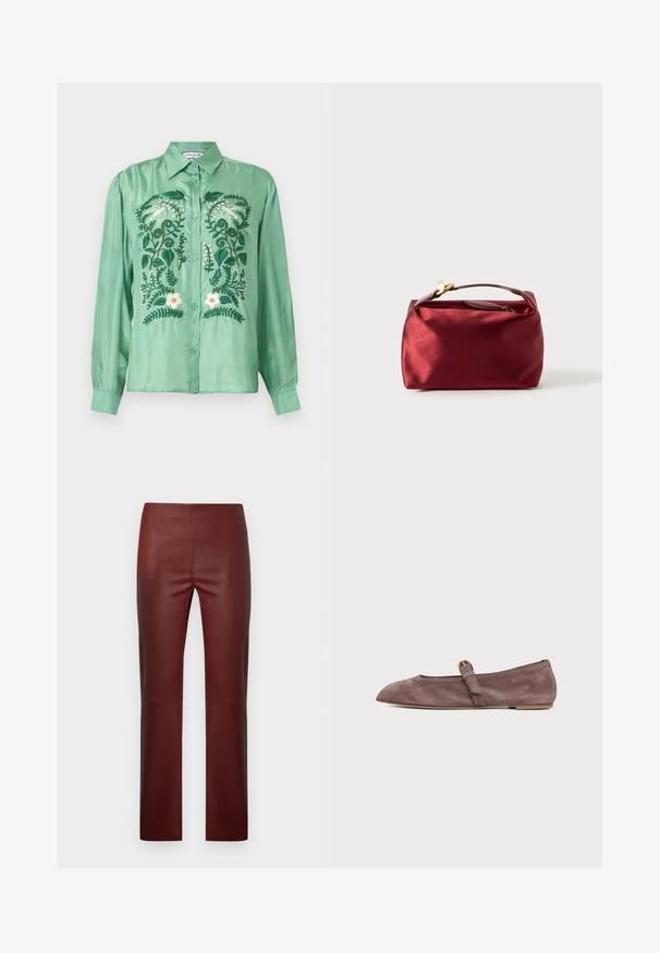 Chemise verte à manches longues avec boutons, brodée d'oiseaux blancs, de feuilles vertes et de fleurs blanches sur le devant.; Pantalon en similicuir bordeaux à coupe slim, présentant une texture lisse, une coupe droite et aucun élément métallique ou accent visible.; Chaussure plate Mary Jane en daim marron avec un bout pointu et une petite bride à boucle dorée sur fond blanc.; Trousse de maquillage en satin bourgogne de forme rectangulaire, avec fermeture éclair et une poignée courte. Présente un design minimaliste et une texture lisse.