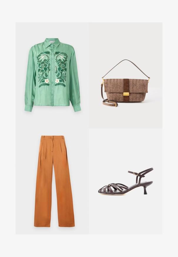Chemise verte à manches longues avec boutons, brodée d'oiseaux blancs, de feuilles vertes et de fleurs blanches sur le devant.; Pantalon ample couleur rouille avec plis, passants pour ceinture et fermeture éclair cachée à l'avant, présenté à plat sur un fond blanc.; Sandale à talon kitten en cuir marron foncé avec lanières et bride de cheville réglable à boucle sur fond blanc.; Sac à main marron à motif chevrons avec accents en daim, ferrures dorées, bandoulière amovible et fermeture par rabat pliant.