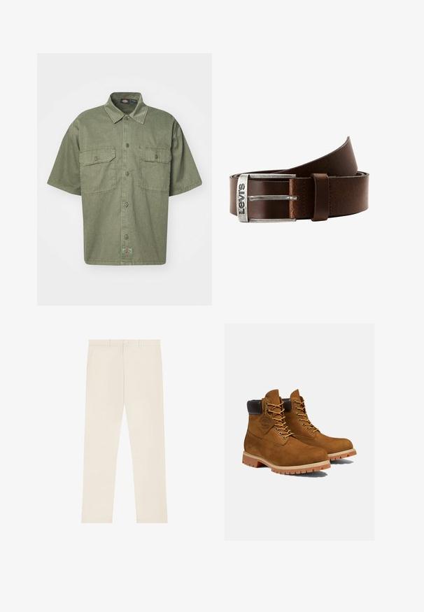 Kortærmet, olivengrøn skjorte lavet af struktureret stof, med krave, to frontlommer og et lille mærke ved kanten.; Beige slim fit bukser med bæltestropper, forreste knap- og lynlåslukning samt sidelommer, vist på hvid baggrund.; Brune ruskinds ankelstøvler med en polstret sort krave, gyldne snørehuller og en tyk gummisål med en mønster, der giver godt greb.; Brun læderbælte med en sølvmetalspænde, der har "Levi's" indgravering. Bæltet har en glat tekstur og klassisk design.
