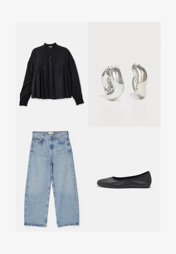 Vanessa Bruno DAHLIA - Blouse - noir; Agolde Jean baggy - light-blue denim; Ballerines en cuir noir avec un bout rond, texture lisse, détails de couture minimalistes et design de semelle flexible.; Boucles d'oreilles sculpturales en argent avec des formes douces et courbes et des surfaces réfléchissantes. Présentent un design de boucle fermée et une forme organique distincte.