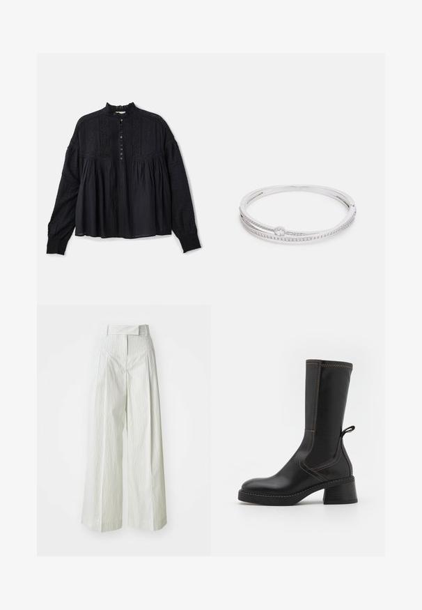 Vanessa Bruno DAHLIA - Blouse - noir; Pantalons palazzo en vert clair avec des rayures blanches verticales. Dotés d'une taille haute, de passants de ceinture et d'une texture en coton douce.; MIISTA FABI - Bottes à plateau - black; Bracelet en argent composé de deux bandes parallèles, l'une ornée de petites pierres précieuses transparentes, et un accent circulaire lisse au centre.