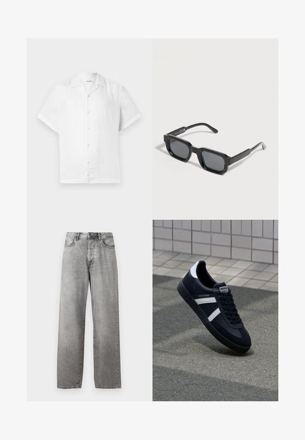 Camisa de lino blanca de manga corta con cuello y cinco botones claros en la parte delantera; textura suave y corte relajado.; Jeans de pierna ancha gris hechos de mezclilla. Presentan una cintura alta, cinco bolsillos y un cierre de botón y cremallera. Desgastado sutil en toda la tela.; Zapatilla de cuero negra con rayas blancas, suela de goma texturizada y parte frontal con cordones. Cuenta con una etiqueta de marca en la lengüeta.; Gafas de sol rectangulares negras con montura gruesa y lentes tintados oscuros, inclinadas sobre un fondo blanco.