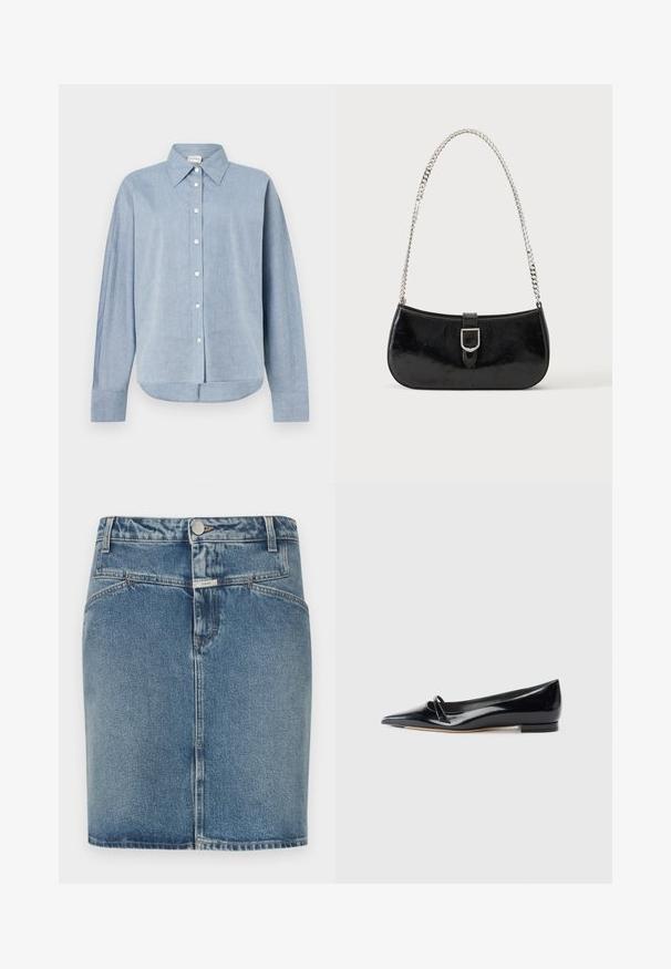Lichtblauw overhemdd met lange mouwen, gemaakt van lichtgewicht stof, met een puntige kraag en een gebogen zoom. Klassieke knoopdetails.; Denim rok in lichtblauwe wassing, met een aansluitend ontwerp, vijf zakken, sluiting met knopen aan de voorkant en zichtbare stikseldetails.; Zwarte gepatenteerde leren platte schoen met een puntige neus, een kleine decoratieve band en een lage blokhak. Gladde textuur en strak ontwerp.; Zwarte lakleren schoudertas met een zilveren gespdetail en een zilveren kettingriem, getoond tegen een effen lichte achtergrond.