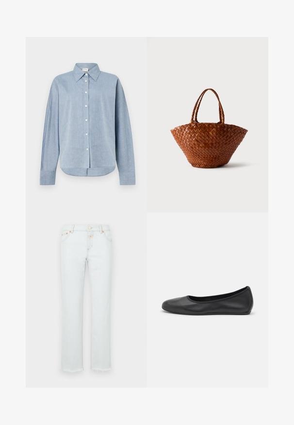 Lichtblauw overhemdd met lange mouwen, gemaakt van lichtgewicht stof, met een puntige kraag en een gebogen zoom. Klassieke knoopdetails.; Lichtblauwe denim jeans met een rechte benen, voorzien van een rafelige zoom, koperen hardware en een vijf-pocket ontwerp.; Zwarte leren ballerina met een ronde neus, gladde textuur, minimale stikdetails en een flexibele zoolontwerp.; Bruine gevlochten leren handtas met brede bodem die naar boven toe smaller wordt en twee gevlochten handvatten, afgebeeld op een effen lichte achtergrond.