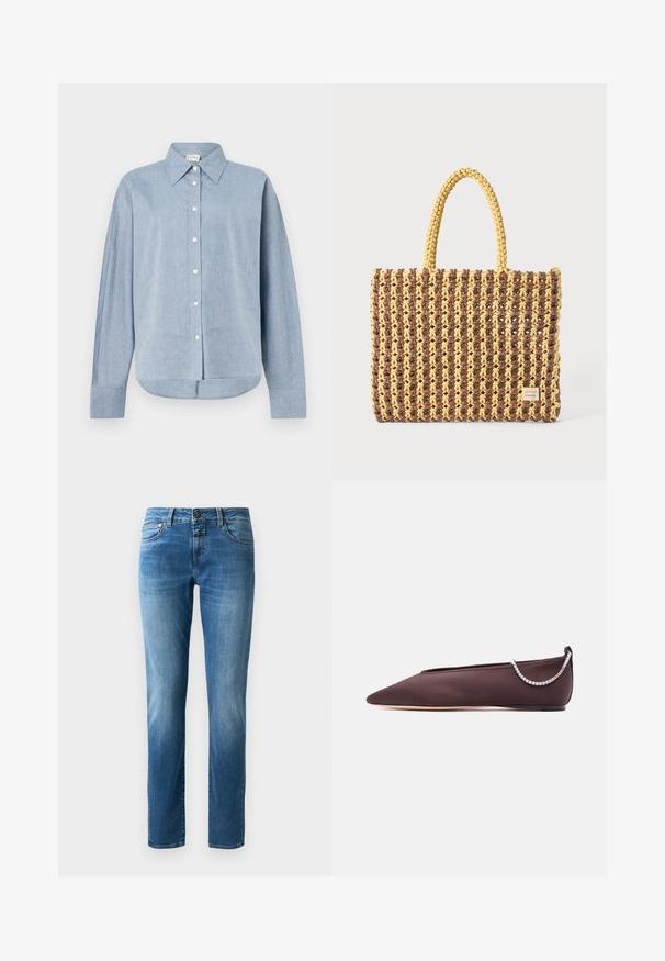 Lichtblauw overhemdd met lange mouwen, gemaakt van lichtgewicht stof, met een puntige kraag en een gebogen zoom. Klassieke knoopdetails.; Blauwe denim jeans met een recht silhouet, voorzien van een knoopsluiting, vijf zakken en subtiele vervagingen. Soepele textuur met oranje stiksels.; Donkerbruine platte schoen met puntige neus, lage hak en een zilveren rijglin met strassteentjes aan de achterkant.; Geweven tas in bruin en geel, met een rechthoekige vorm, twee handvatten en een textuurafwerking met zichtbare stiksels en een merketiket.
