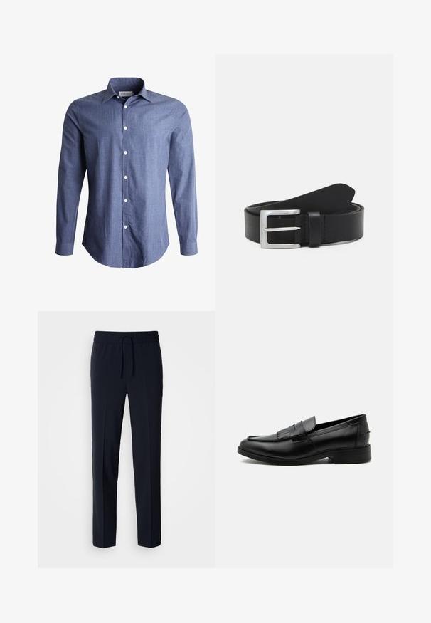 Chemise à manches longues bleue en tissu léger, avec un col classique, un devant à boutons et des boutons blancs. Texture lisse, design polyvalent.; Pantalons légers bleu marine avec une taille élastique et un cordon de serrage réglable, présentant un design coupe droite et une texture lisse.; Mocassin homme en cuir noir avec détail pompon, bout arrondi, talon bas et finition polie lisse, montré de profil sur fond blanc.; Ceinture en cuir noir avec une texture lisse, boucle rectangulaire en argent et une boucle pour l'extrémité. Présente des coutures soignées le long des bords.