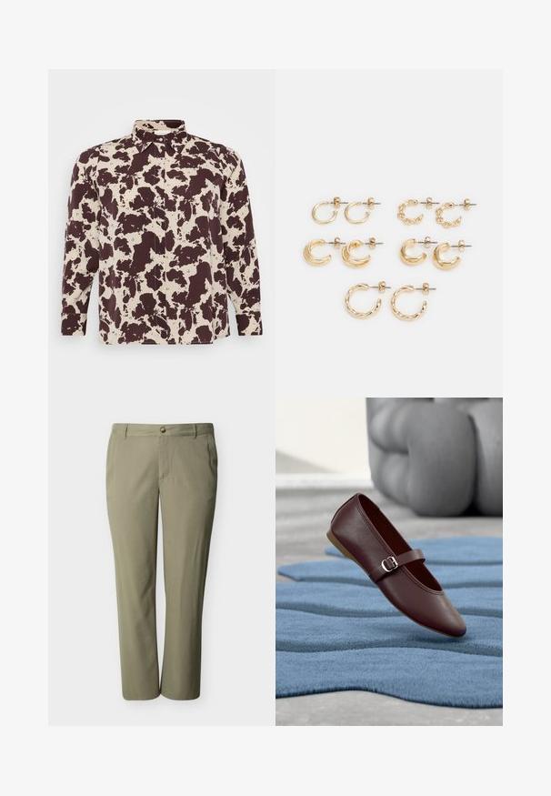 Bruine en crèmekleurige shirt met patroon, met kraag en lange mouwen, voorzien van knoopsluiting en een gladde stofstructuur.; Heren rechtvallende kaki broek met knoop- en ritssluiting, riemlussen en zijzakken, weergegeven op een effen achtergrond.; Enkele donkerbruine Mary Jane schoen met gespsluiting zweeft boven een getextureerd blauw tapijt in een kamer met een grijs kussen op de achtergrond.; Gouden oorbellen set, met verschillende vormen: kleine oorringen, stevige krommen en kettingaccenten. Gladde en gestructureerde afwerkingen.