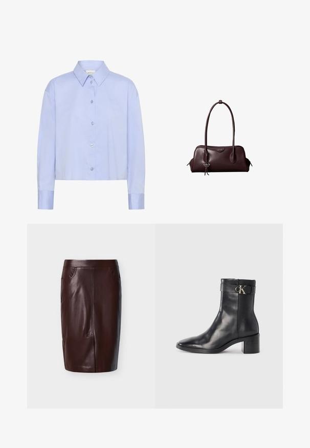 Lichtblauw cropped button-up shirt met een kraag, lange mouwen en doorzichtige knopen. Subtiele logo-detail op de borst.; Bruine leren potloodrok met een gladde textuur, voorzien van twee zijzakken en een naaddetail aan de voorkant, ontworpen voor een strakke pasvorm.; Zwarte leren enkellaars met een spitse neus, blokhak en een bandje met een metallic logo. Gladde textuur en minimalistisch ontwerp.; Donkerbruine leren Calvin Klein handtas met lange dubbele handvatten en een kleine logo-sierhanger die aan één handvat hangt.
