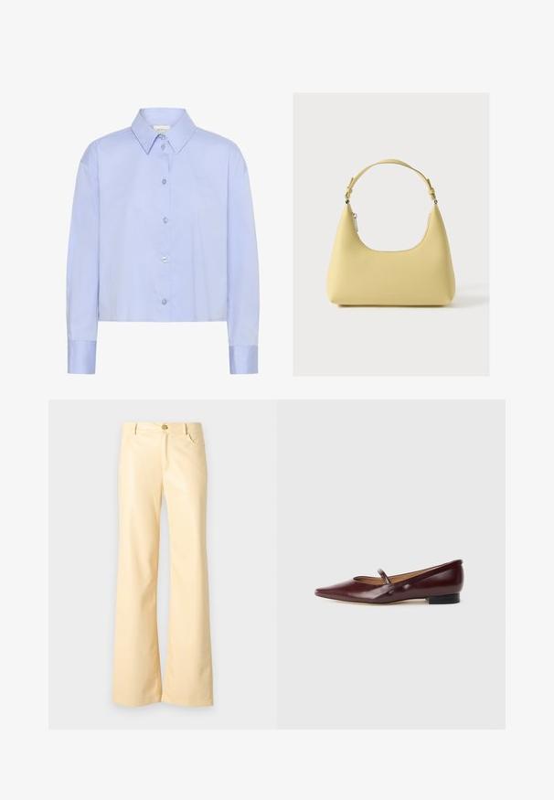 Camisa corta de botón azul claro con cuello, mangas largas y botones transparentes. Detalle sutil del logo en el pecho.; Pantalones de pierna ancha en un amarillo pálido, fabricados en un material suave y brillante. Presenta un botón en la parte frontal, dos bolsillos laterales y un corte recto.; Zapato plano de charol burdeos con punta afilada y una cinta decorativa a lo largo del empeine. Cuenta con un tacón bajo negro.; Bolso de cuero amarillo con una silueta curva, correa corta ajustable y compartimento con cremallera. Presenta un logo sutil en el frente.