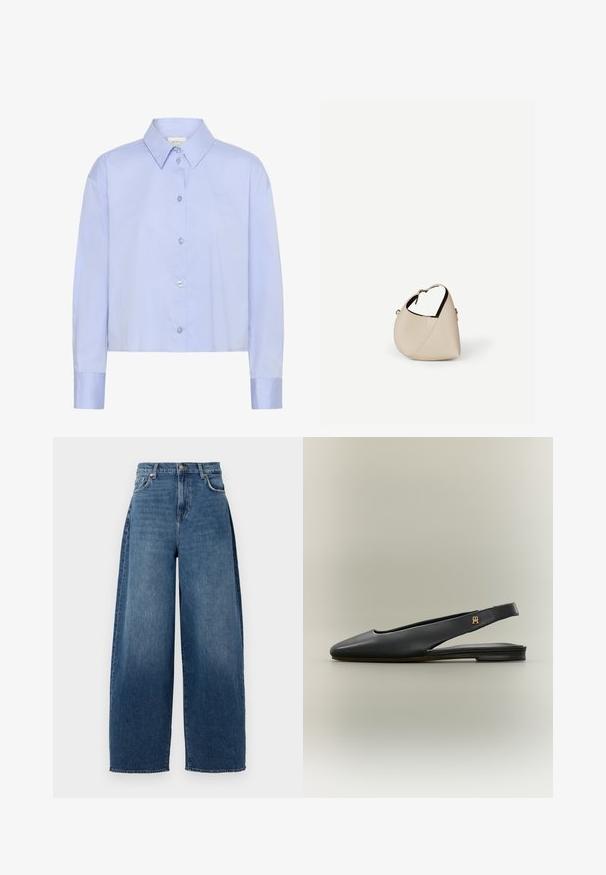 Camisa corta de botón azul claro con cuello, mangas largas y botones transparentes. Detalle sutil del logo en el pecho.; Jeans de pierna ancha hechos de denim azul oscuro. Con una cintura alta, cinco bolsillos y cierre con botón superior. Textura ligeramente desvaída en toda la prenda.; Zapato plano negro de cuero con tira trasera, punta afilada y acento de logo dorado en la tira, mostrado sobre un fondo neutro.; Bolso de cuero beige en forma de media luna con una sola correa para el hombro y costuras mínimas, colocado sobre un fondo blanco liso.