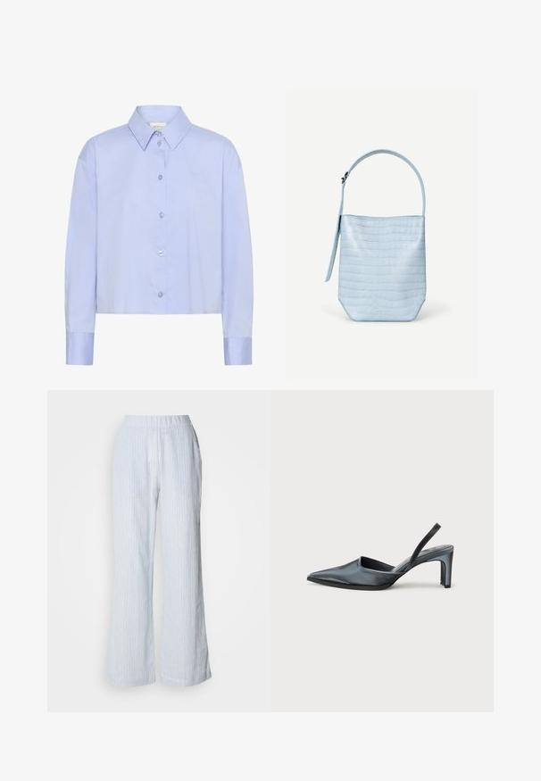 Camisa corta de botón azul claro con cuello, mangas largas y botones transparentes. Detalle sutil del logo en el pecho.; Pantalones de pierna ancha de color azul claro con rayas verticales en blanco y rojo. Cuenta con una cintura elástica y bolsillos laterales. Textura suave parecida al algodón.; Tacón destalonado negro con punta puntiaguda, acabado de satén elegante y tacón delgado de 3 pulgadas. Diseño lateral abierto con detalle mínimo de costuras.; Bolso de mano azul claro con textura de cocodrilo, forma rectangular, asa superior única y una correa colgante lateral sobre un fondo blanco liso.