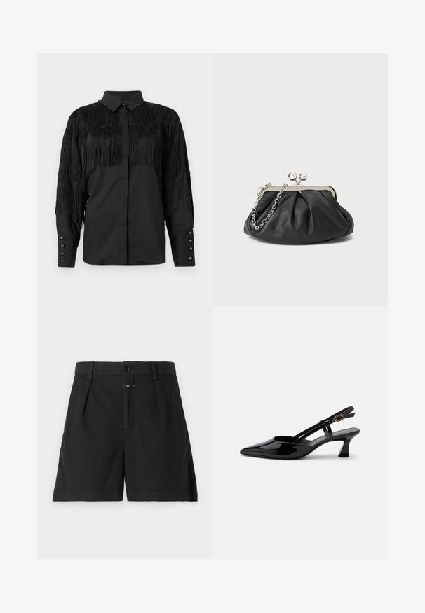 Sort bluse med frynse-detaljer over skuldrene og på ryggen, med knaplukning foran og lange ærmer. Perle-lignende knapper ved manchetterne.; CLOSED REVYL - Denimshorts - black; Sort laklæderslingback med lille hæl, spids tå og justerbar guldlåsrem på hvid baggrund.; Sort læder clutch med samlet tekstur, sølvfarvet metalramme, kys-lås lukning og kædestrop. Glat, blød overflade.