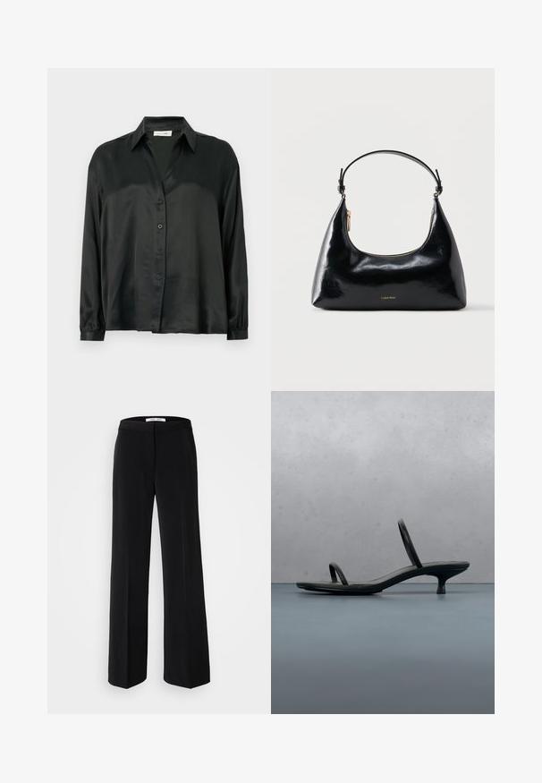 Must mustriba särk, mis sisaldab nööbiga esiosa, pikkade varrukatega elastsete mansettidega ja klassikalise kraega. Sile tekstuur ja minimalistlik disain.; Mustad laiad püksid sujuva tekstuuriga, millel on sobiv vöökoht ja minimalistlik disain. Pole nähtavaid mustreid ega aktsente.; Mustad Calvin Kleini kontsakingad koos õhukeste rihmadega, tasakaalus puitplaatide peal õues, seina ja rohelise taimestiku lähedal.; Musta läikiv Calvin Kleini käekott kuldse luku ja lühikese rihmaga valgel taustal.