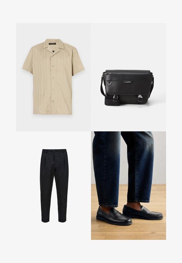 Beige shirt met korte mouwen, verticale ribbels, kraagontwerp, knoopsluiting en een ontspannen pasvorm.; Zwarte broek van een gladde stof, met een geplooide voorkant, taps toelopende pasvorm en opgerolde mouwen. Eenvoudige knoopsluiting bij de taille.; Zwarte leren instappers met gestikte details en textuurelementen, gedragen met donkerdenim, die een casual en gestroomlijnd ontwerp tonen.; Zwarte textuur Lacoste schoudertas met verstelbare strap, voormep flap, ritszak en metalen gesp-sluiting.