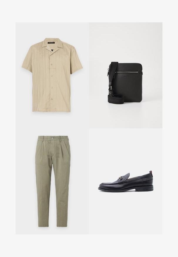 Kortærmet beige skjorte med lodret ribbet struktur, krave-design, knaplukning og en afslappet pasform.; Lys grønne, tapered bukser lavet af et tekstureret stof, med knaplukning, plisseret front og sidelommer.; Sort lædermokasin med grå tekstureret forfod, sølvfarvet metalspænde, lav hæl og trækflap bagpå.; Sort læder crossbody taske med en tekstureret overflade, lynlåslomme foran og en justerbar stofrem. Enkel firkantet design.