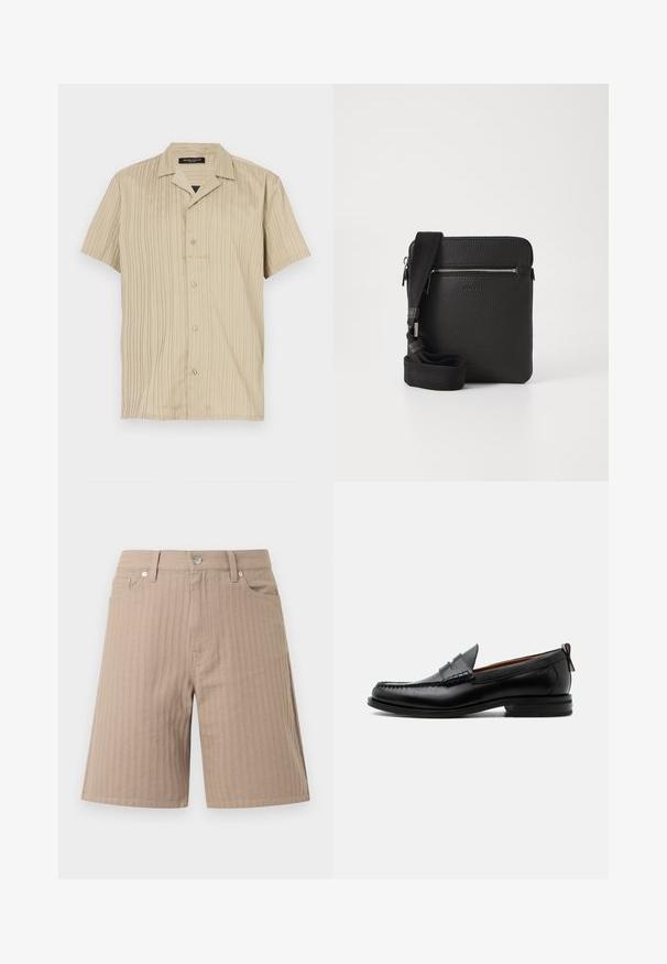 Beige shirt met korte mouwen, verticale ribbels, kraagontwerp, knoopsluiting en een ontspannen pasvorm.; Beige short gemaakt van gestructureerde stof met verticale strepen, een tailleband met een knoop aan de voorkant en zijzakken.; Zwarte leren herensloffen met moc toe stiksel, pennyriem, gestructureerde kraag en lage gestapelde hak op witte achtergrond.; Zwarte leren schoudertas met een gestructureerd oppervlak, een ritsvak aan de voorkant en een verstelbare stoffen schouderband. Eenvoudig vierkant ontwerp.