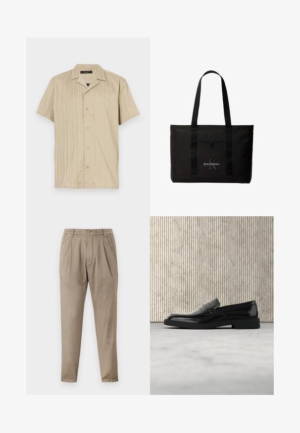 Kortærmet beige skjorte med lodret ribbet struktur, krave-design, knaplukning og en afslappet pasform.; Beige bukser lavet af blødt stof, med en afslappet pasform, plisseret front, elastisk talje og dampede ben.; Sort poleret læderloafer flydende over beige tæppe med orange gennemsigtigt møbel i baggrunden.; Sort Calvin Klein tote taske med to lange håndtag og lomme foran, med mærkets logo i hvid og grå.