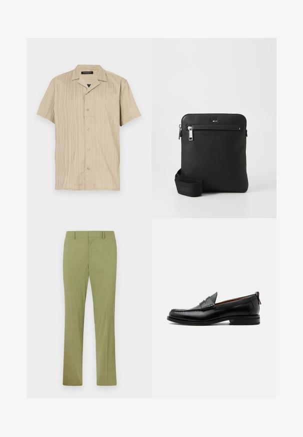 Beige shirt met korte mouwen, verticale ribbels, kraagontwerp, knoopsluiting en een ontspannen pasvorm.; Slim-fit olijfgroene broek met riemlussen, voorrits en rechte pijpen, plat gelegd op een lichte achtergrond.; Zwarte leren herensloffen met moc toe stiksel, pennyriem, gestructureerde kraag en lage gestapelde hak op witte achtergrond.; Zwarte leren crossbodytas met een plat ontwerp, een gestructureerd oppervlak, ritssluiting, voorvak en een verstelbare stoffen riem.