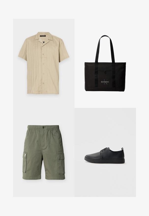 Camisa beige de manga corta con textura de canalé vertical, diseño de cuello, cierre de botones y un corte relajado.; Pantalones cortos cargo de color verde oliva con cintura elástica, cierre de botón, dos bolsillos laterales con solapa y bolsillos en la costura lateral, mostrados sobre fondo blanco.; Zapatilla negra de cuero con acabado suave, punta redondeada, costuras a tono, cordones en la parte delantera y suela de goma plana. Asa en el talón.; Bolso tote negro de Calvin Klein con dos asas largas y bolsillo delantero, con el logo de la marca en blanco y gris.