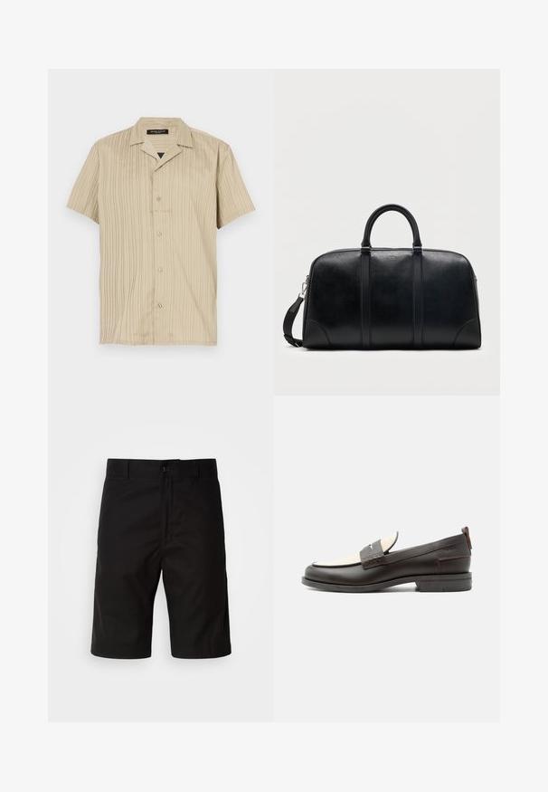 Beige shirt met korte mouwen, verticale ribbels, kraagontwerp, knoopsluiting en een ontspannen pasvorm.; Zwarte shorts van stevige stof, met een rechte snit, knoopsluiting en een gladde textuur zonder zichtbare patronen.; Donkerbruine leren herenloafer met crèmekleurig stoffen paneel en klassiek doorgestikt riemdetail, platte zool en trekhaak bij de hak.; Zwarte leren duffelbag met dubbele bovenhandgrepen, afneembare schouderriem en een klein "Hugo"-logo centraal geplaatst nabij de bovenste rits.