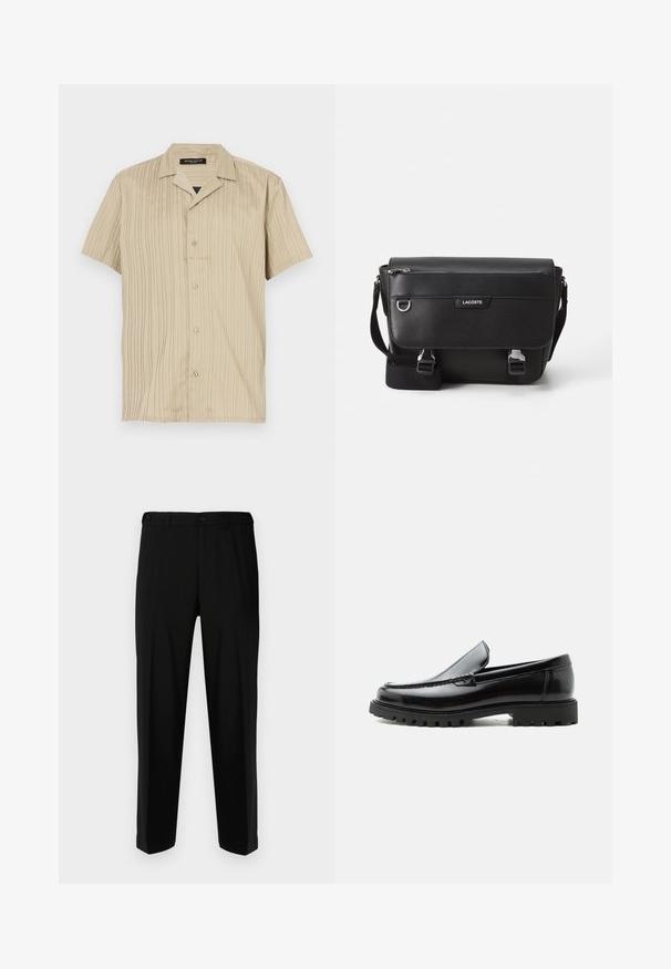 Beige shirt met korte mouwen, verticale ribbels, kraagontwerp, knoopsluiting en een ontspannen pasvorm.; Zwarte broek van gladde stof, met een rechte snit, twee voorzakken en een ritssluiting met knoopsluiting.; Zwarte leren loafer met dikke rubberen zool, gestikte bovenkant en gegraveerde merknaam op de hiel, zijaanzicht op witte achtergrond.; Zwarte textuur Lacoste schoudertas met verstelbare strap, voormep flap, ritszak en metalen gesp-sluiting.